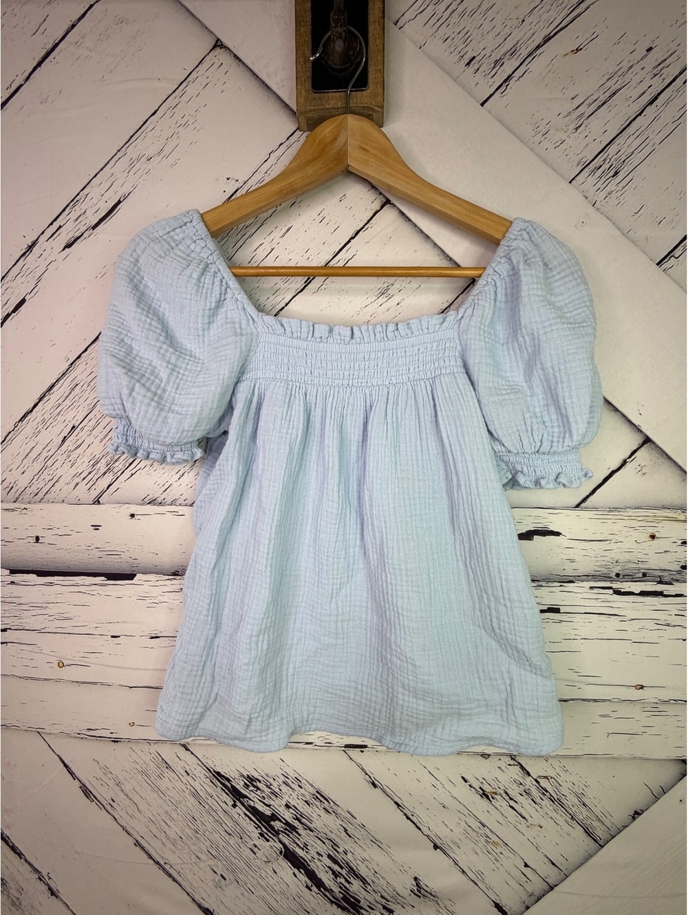 J.Crew Cottagecore Boho Powder Blue Puff Sleeve Babydoll Cotton Top Women’s XS